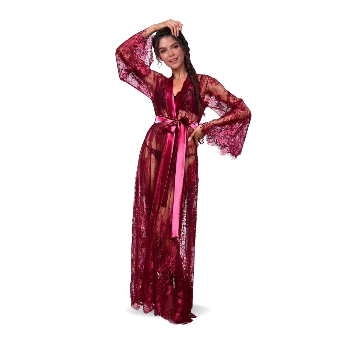 Scarlet Cascade Lace Maxi Robe